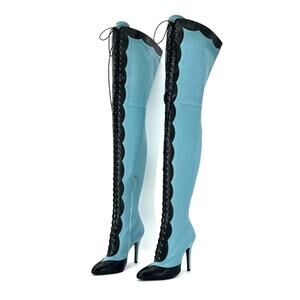 NIB Gucci Harriet Thigh High Snake Emboss Dusty Azure Pointed Toe Boots 38